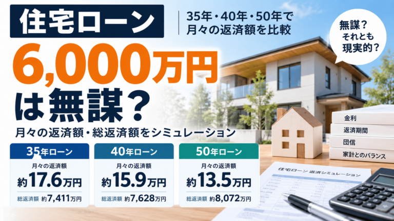 【2026年版】住宅ローン6000万円は無謀？35年・40年・50年の月々返済額と必要年収を比較