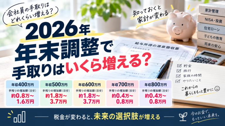 2026年の年末調整で手取りはいくら増える？年収400万・500万・600万・700万・800万円で比較